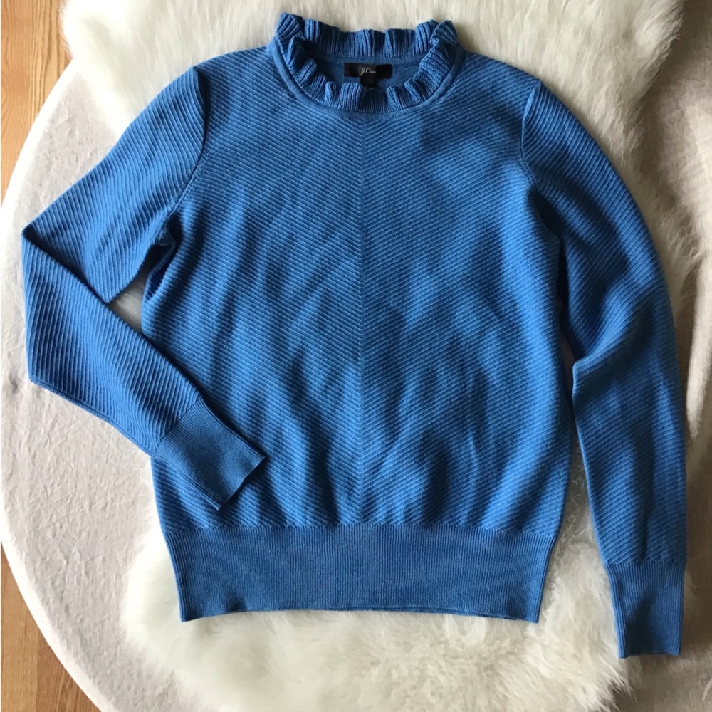 J. Crew Ruffle-neck l/s wool blend sweater cornflower blue XXS BNWT